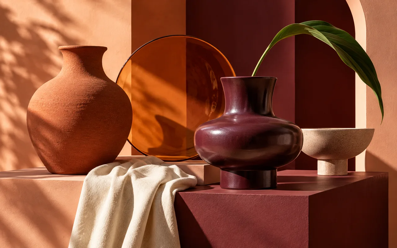 Terracotta and plum ceramic vessels with amber glass and a sculptural green leaf.