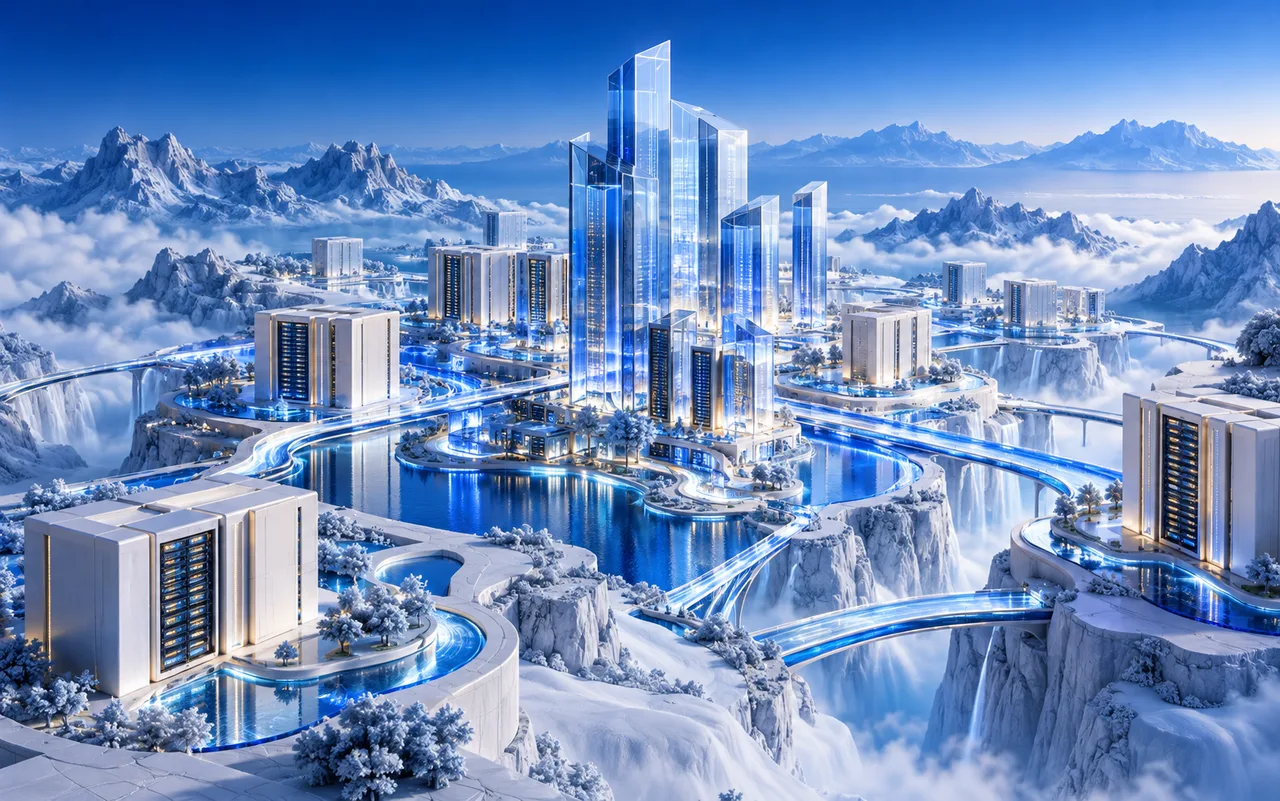 Translucent blue towers connected across a luminous architectural cloud landscape.