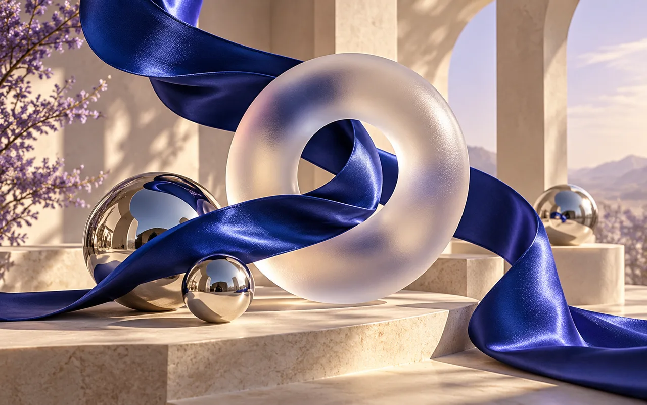 Cobalt ribbon flowing through a frosted glass ring with chrome spheres.