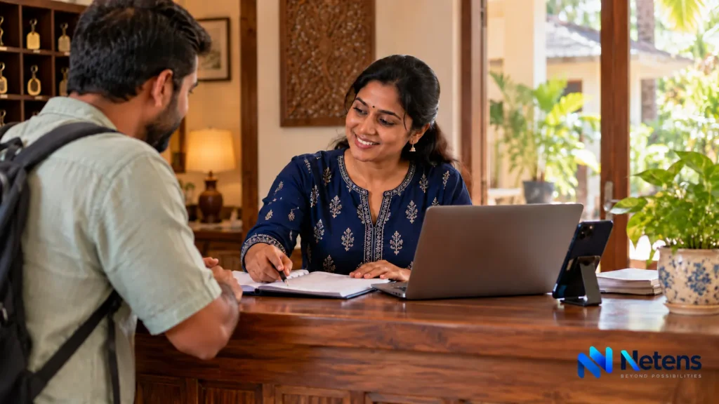 Indian boutique hotel owner assisting a guest with a laptop and smartphone at reception