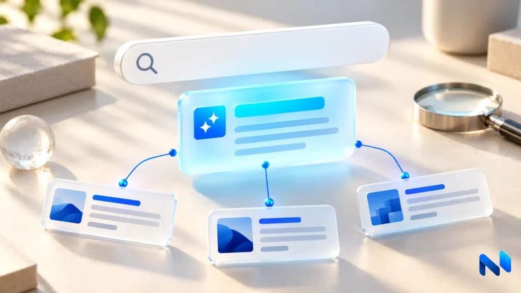 AI search visibility illustration showing an answer card connected to supporting website sources