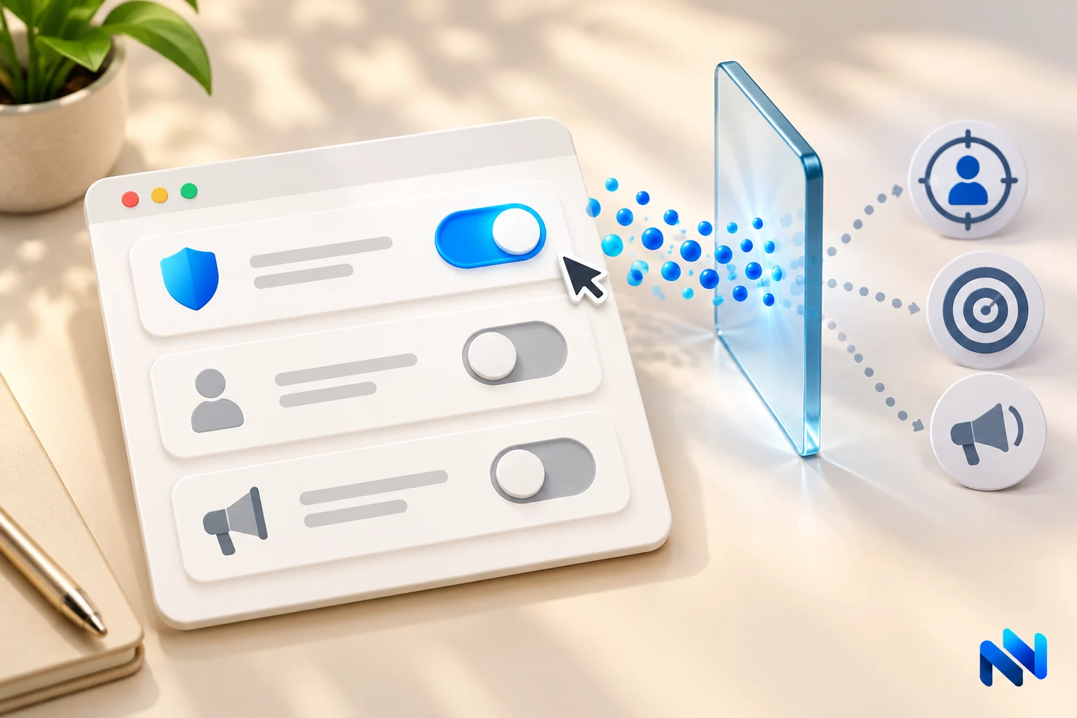 Illustration of consent preferences with optional tracking switches off and a barrier before advertising tools