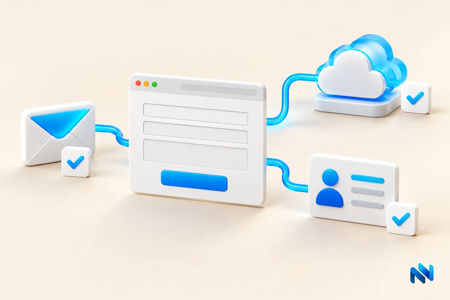 Illustration of a website enquiry form connected to email, cloud storage and customer records