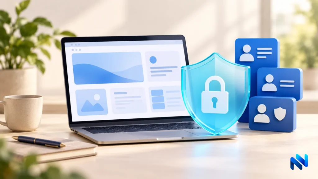 DPDP website checklist illustration with a laptop, privacy shield and customer data cards