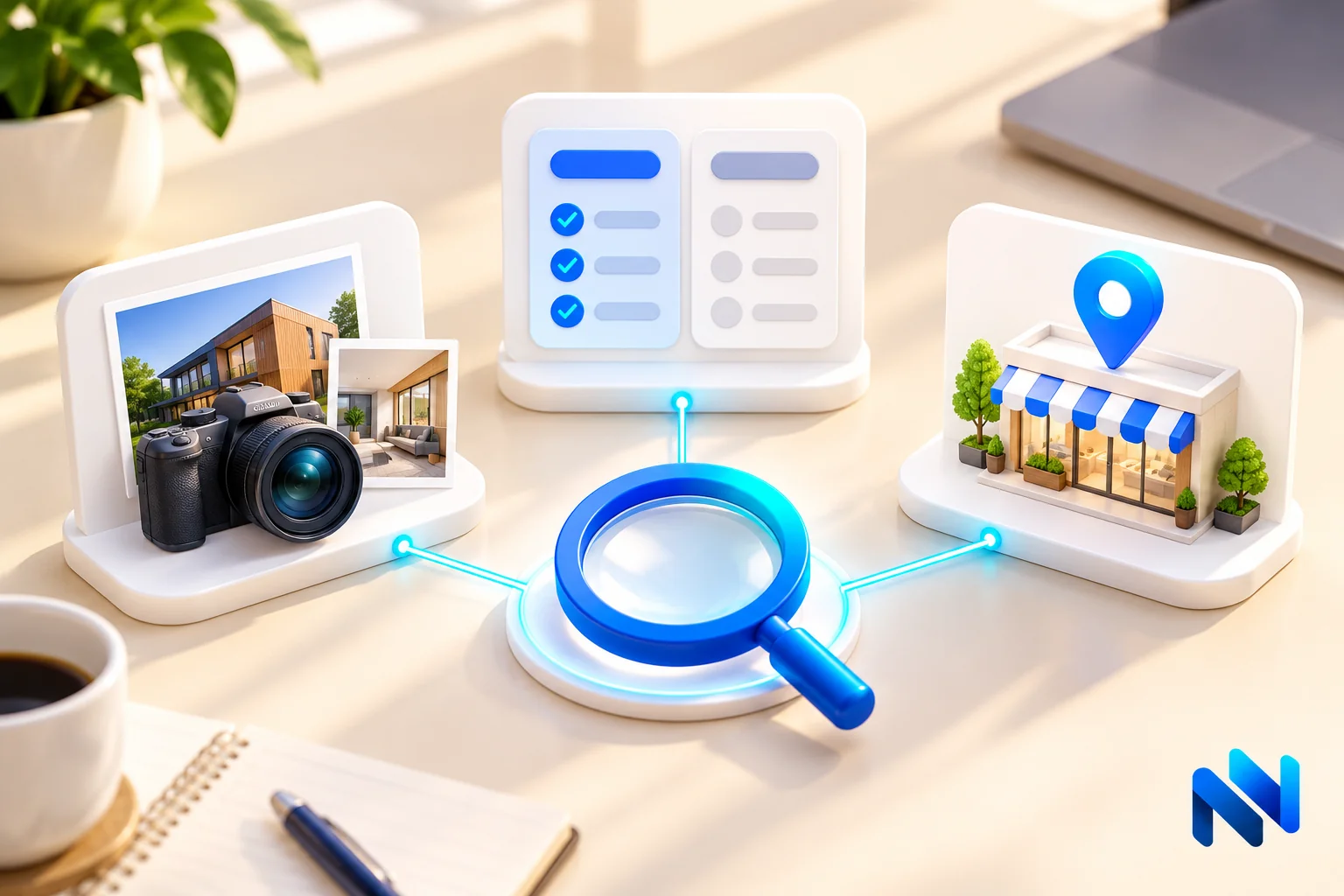 Illustration of original project evidence, a comparison checklist and local business details supporting AI search visibility