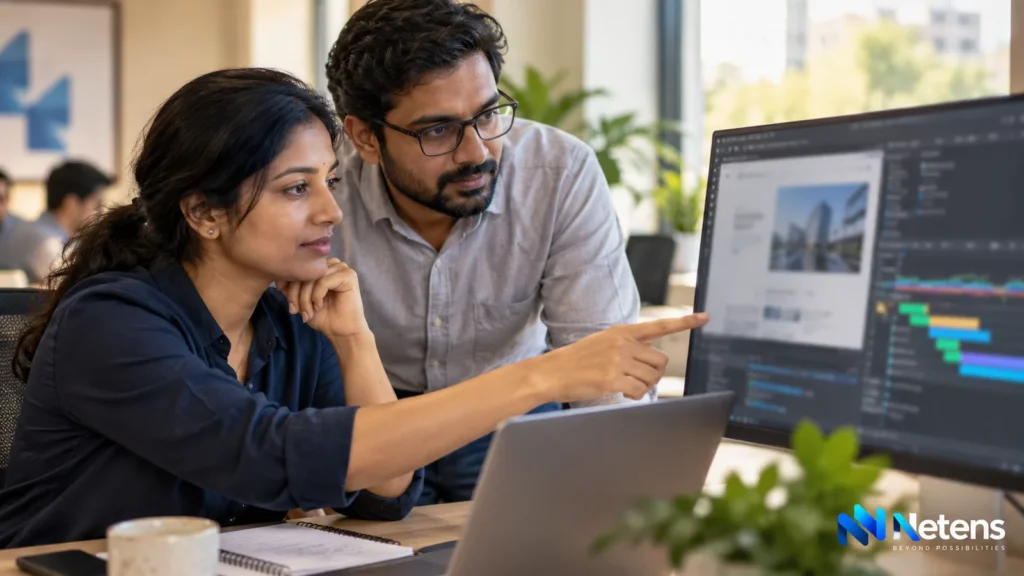 Indian web engineers reviewing a website and browser performance trace on a monitor